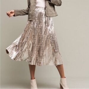 ANTHROPOLOGIE MAEVE Eclat Micro-pleated Metallic Midi Skirt Silver Women’s 8